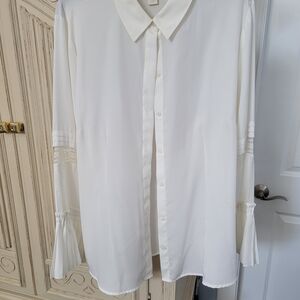 Chico's White Button-Down Shirt with Lace Sleeve Details